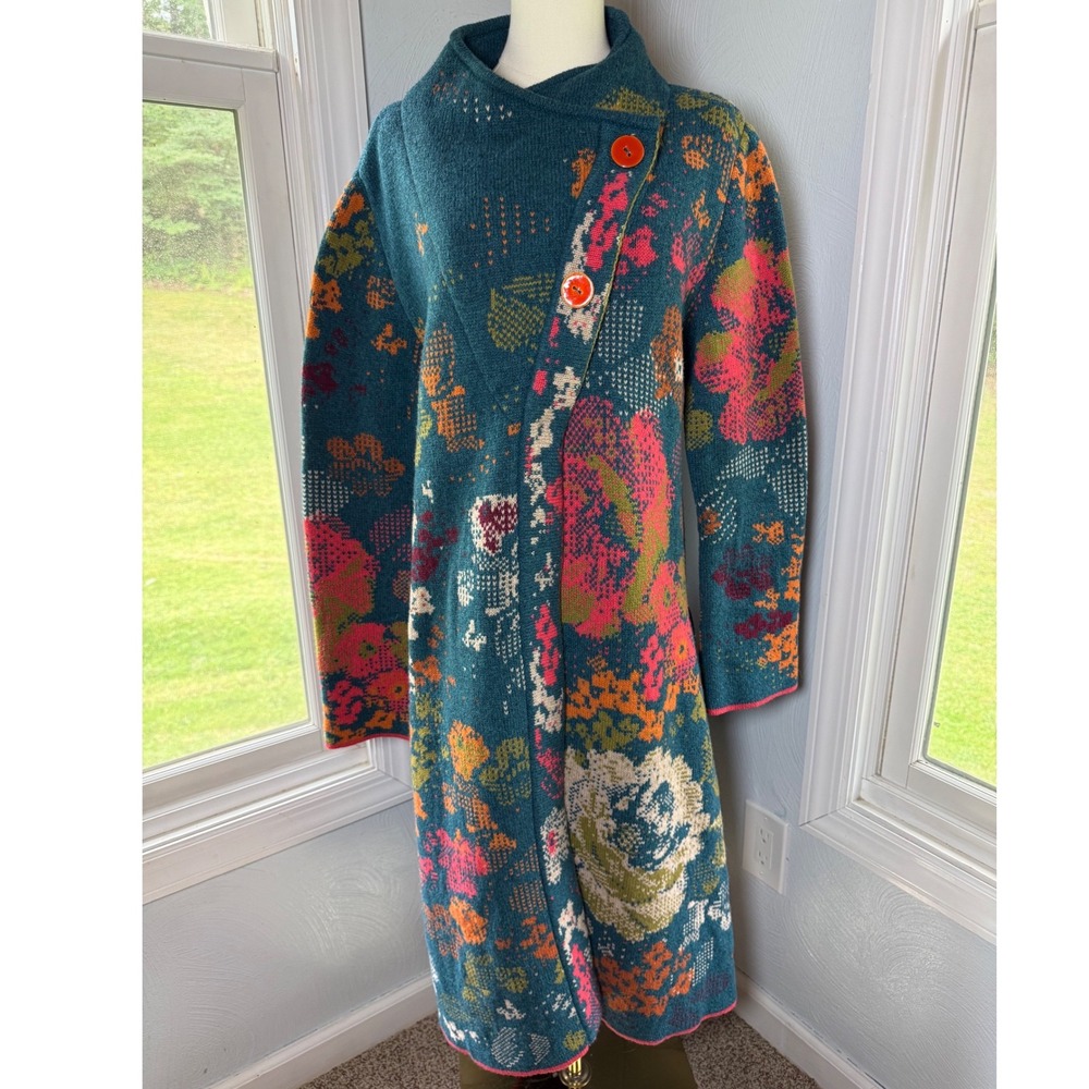 IVKO Woman Wool Blend Long Knit Sweater Coat Duster Floral Brocade Petrol 40